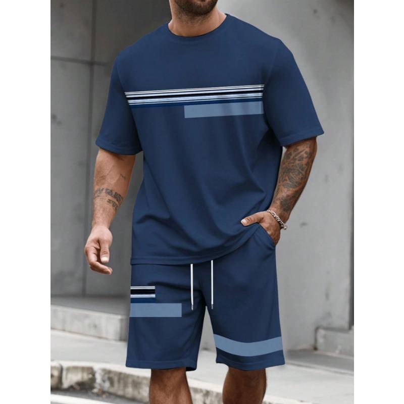Casual Stripe Printed T-shirt Shorts Set Large Size Loose Men's Short Sleeve Tee Elastic Waist Shorts 2-piece Set Sports Clothes