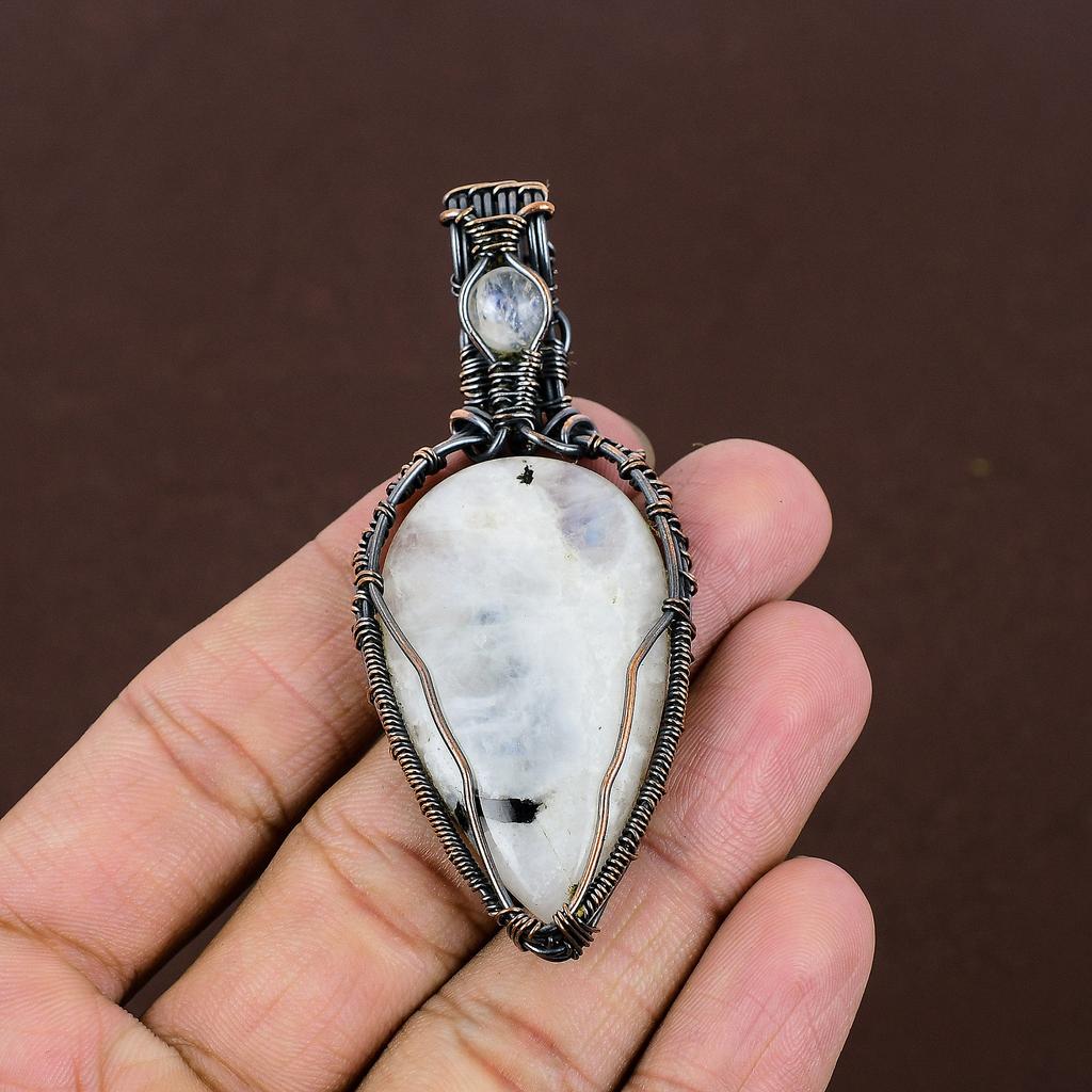 Rainbow Moonstone Gemstone Copper Wire Wrap Jewelry Pendant 2.95"