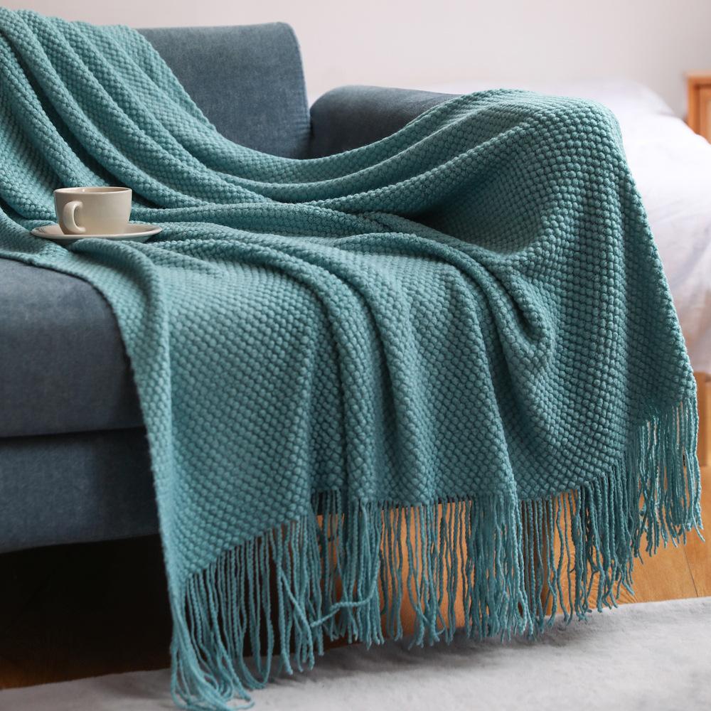 Nordic-style sofa throw blanket, office nap blanket, fringed knitted wool casual air conditioning thin blanket