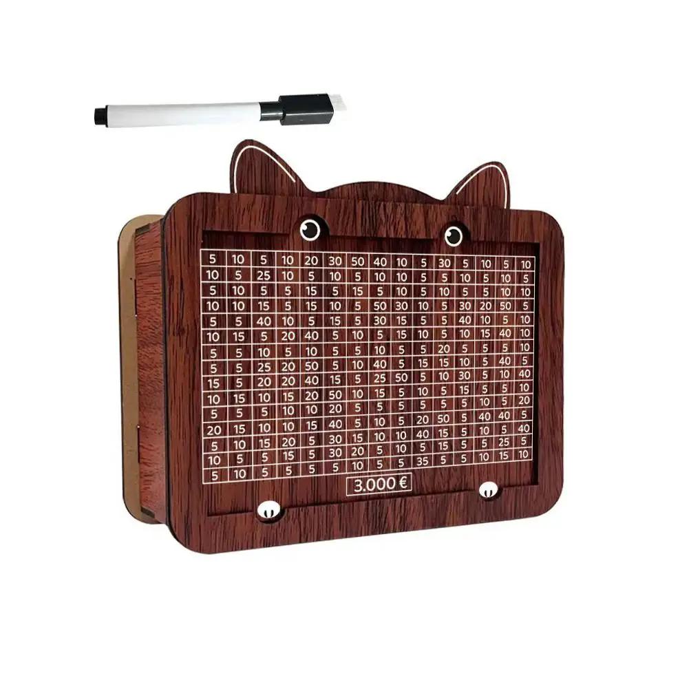 Wooden Kitten Bank Money Box 1000/2000/3000/5000/10000 Euro Erasable Savings With Cash Challenge Storage Pen Case U5O8