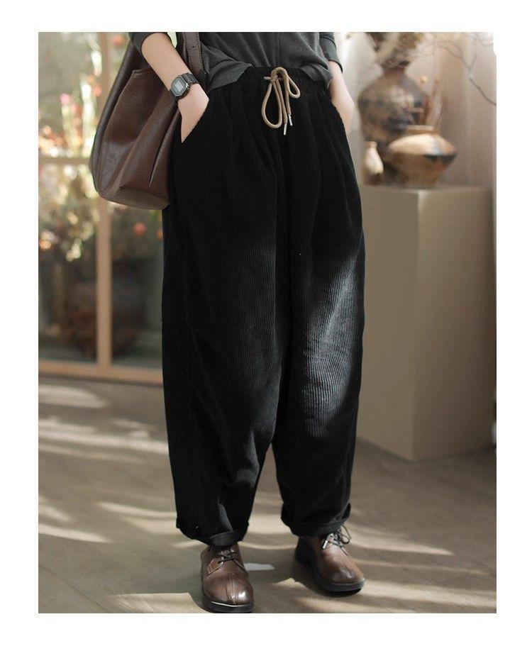 Women's Retro Corduroy Harem Pants - Elastic Waist, Lace-up, Patchwork, Plus Velvet, Thickened for Spring/Autumn
