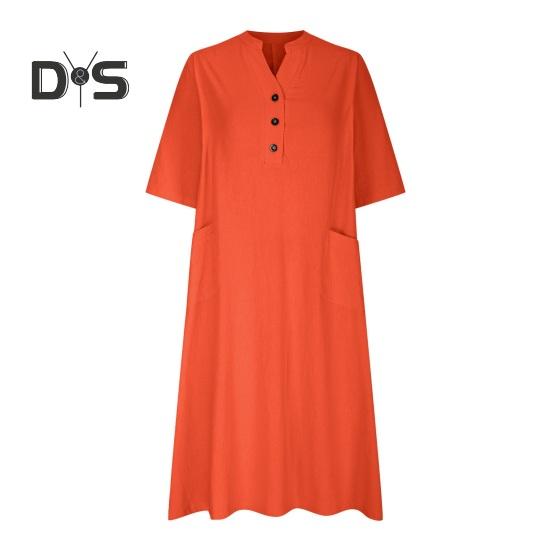 Summer Spring Dress with Pockets Buttoned V Neck Pleated Loose A-line Hem Half Sleeves Solid Color Midi Dress for Daily Wear Party Dating