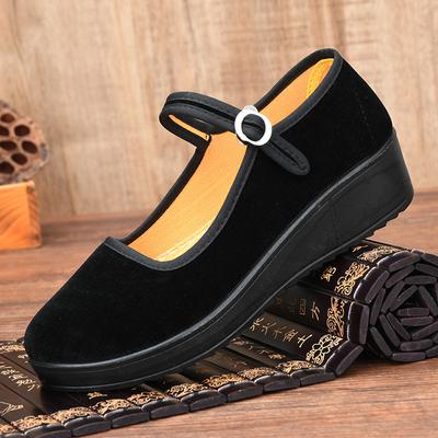 Spring and Autumn Single Shoes Cloth Shoes Black Hotel Work Shoes Medium Heel Women's Cloth Shoes Nonslip Flat Bottom Belt Women's Shoes