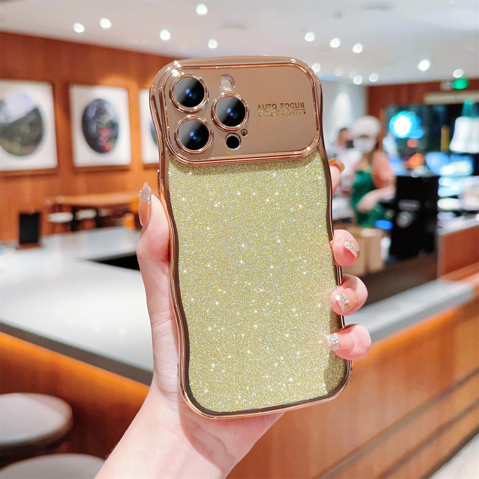 

For iPhone 16 Pro Max Case Electroplating Curly Frame TPU Glitter Phone Cover Large Window Gold
