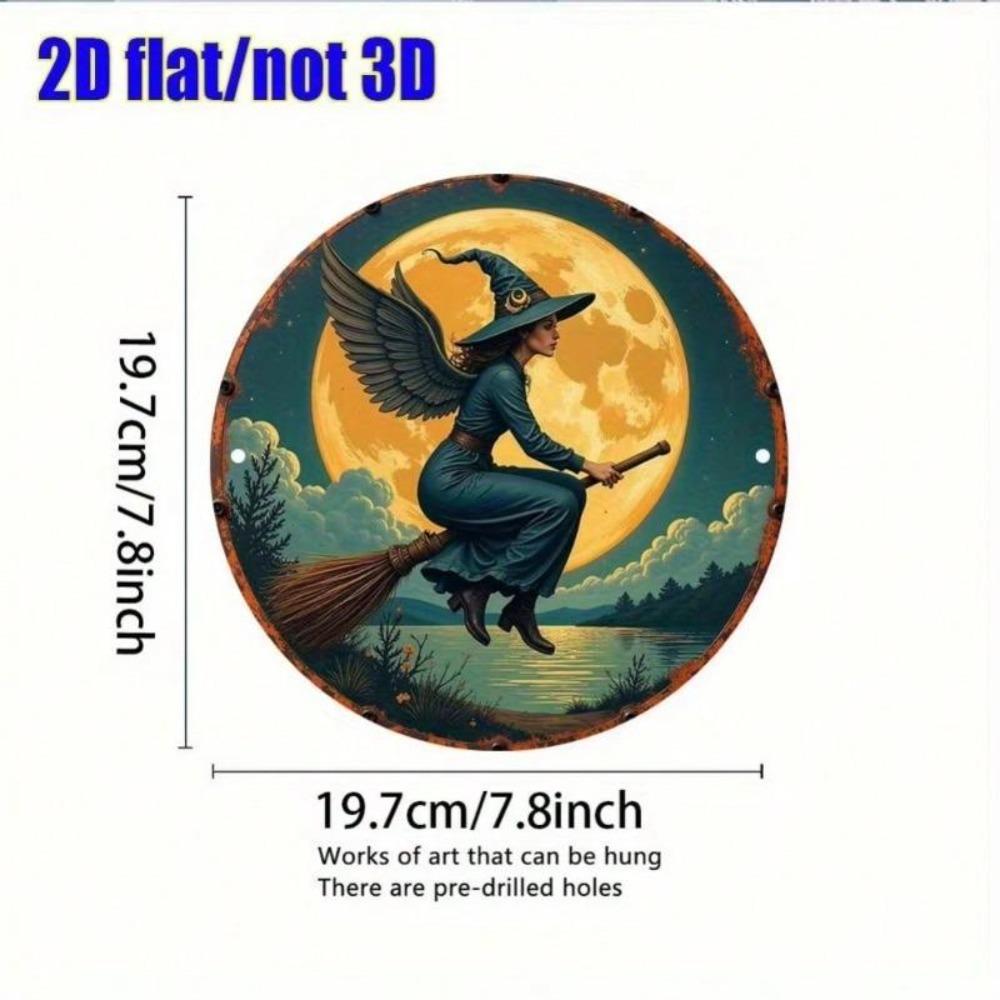 Magic Winged Witch Metal Round Sign Vintage 2D Flat Wall Decor 7.8x7.8 Inch Waterproof Aluminum Art Home Garden Cafe Bar Decor