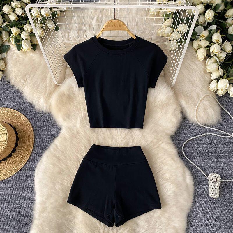 

Минималистичный стиль Атлетичный Повседневный Однотонный Чистое Желание Сексуальный Костюм Женский Летний С круглым вырезом Короткая футболка + Шорты с высокой талией, подчеркивающие фигуру Black One size