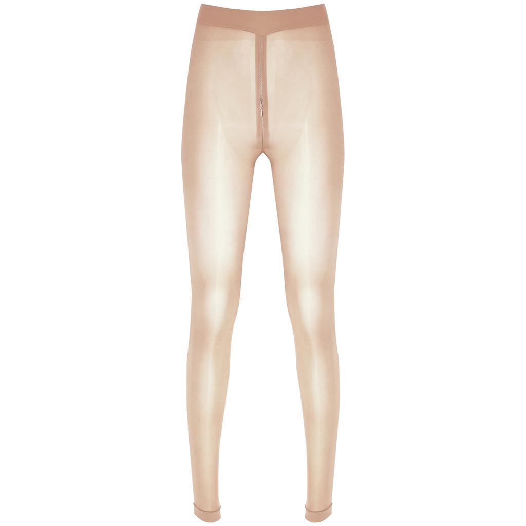 Women Sheer Pantyhose Zipper Crotch Design Stretchy See Through Tights Solid Color Elastic Waistband Leggings
