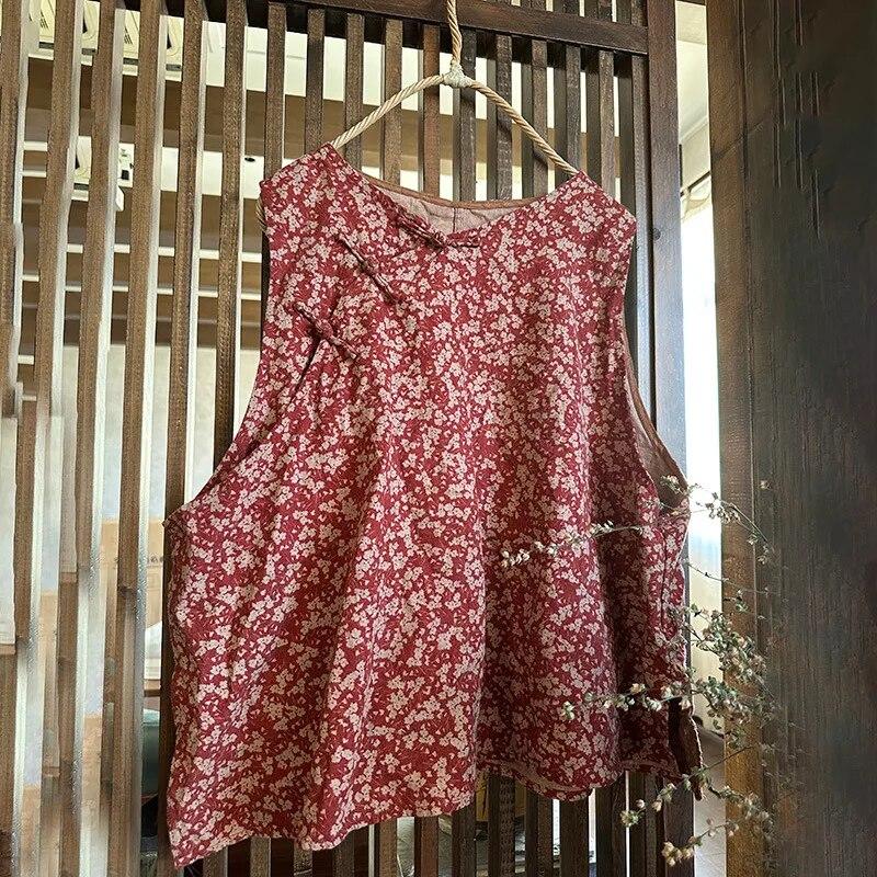 Johnature Frauen Vintage Print Floral Tank Tops O-Ausschnitt chinesischen Stil Kleidung Sommer lose Knopf Frauen Tank