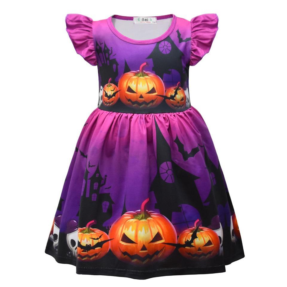 European And American Children'S Skirts Halloween Horror Night Children'S Dresses Short Ruffle Sleeves Girls Clothes Round Neck Evening Dresses
