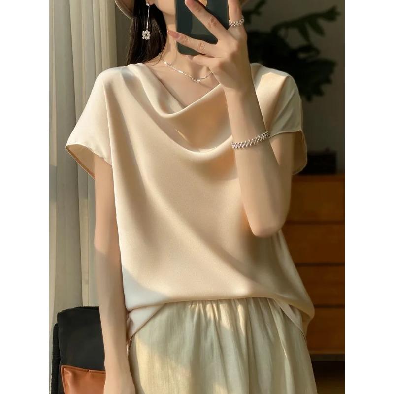 Women's Cowl Neck Satin Short Sleeve Blouse