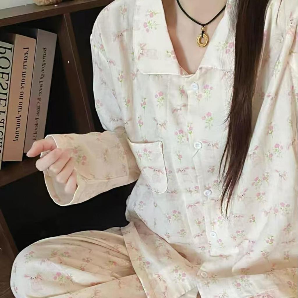Full of Printed Floral Rabbit Girl Pajamas Spring and Autumn Cardigan Long-sleeved Trousers Set Soft Cute Student Casual Loungewear
