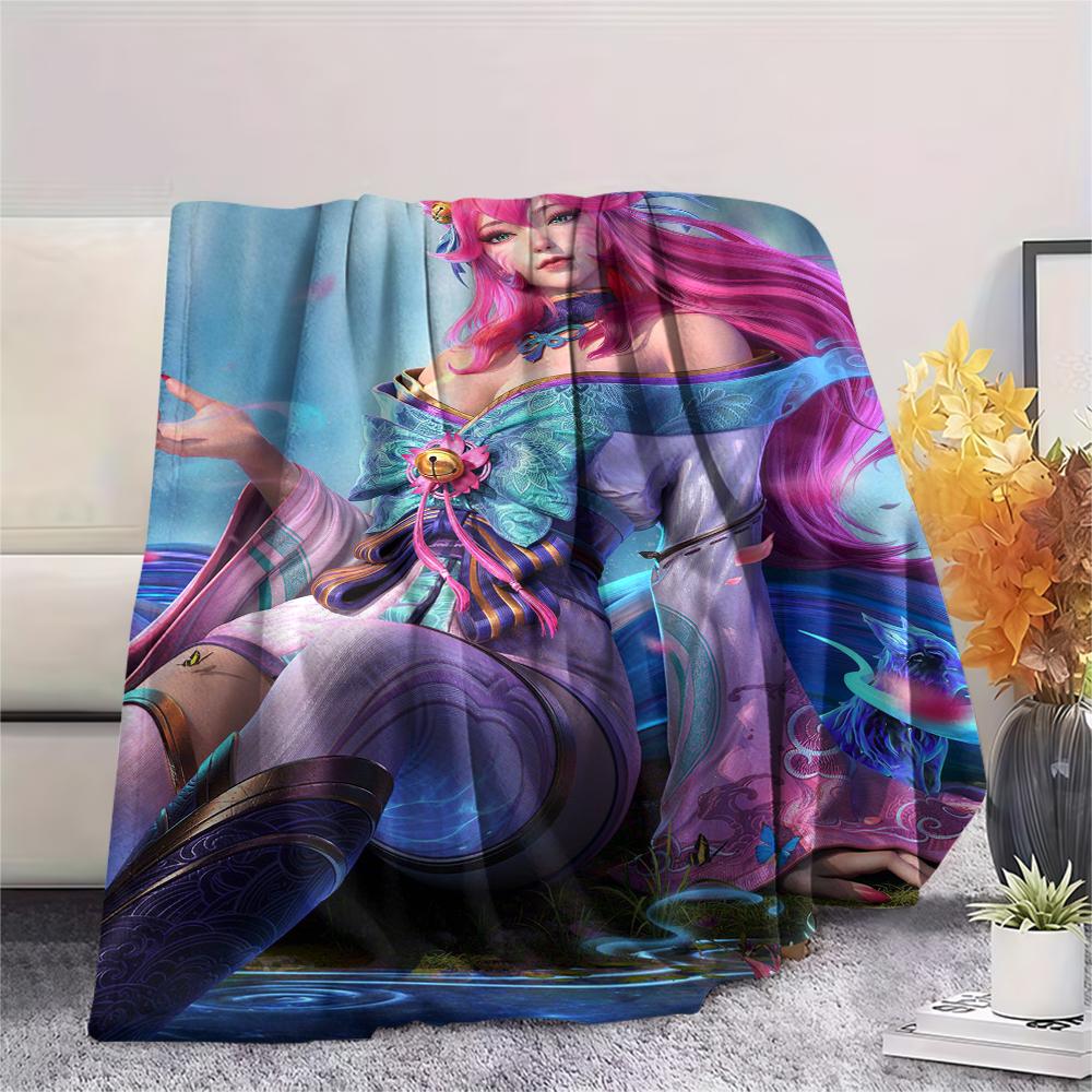 1Pc KDA Ahri Print Flannel Blanket, High Quality Comfortable for All Seasons, Home Decor, Warmth and Comfort, Perfect for Gifts