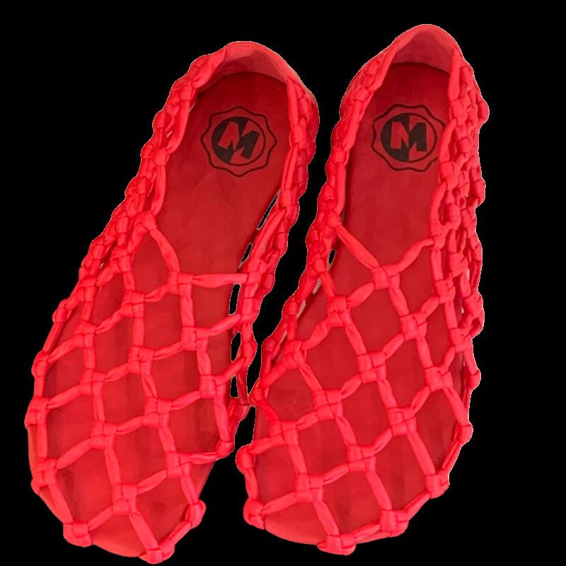 French Woven Mesh Hollow Low Heel Round Head New Sandals Fashion Pig Cage Shoes Red Breathable Hole Shoes Women's Shoes