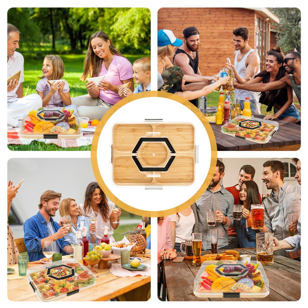 5/6 Grids Wooden Charcuterie Board with Clear Lid Portable Cheese Board Box with handle Snack Fruit Tray Outdoor Ccamping pinnic