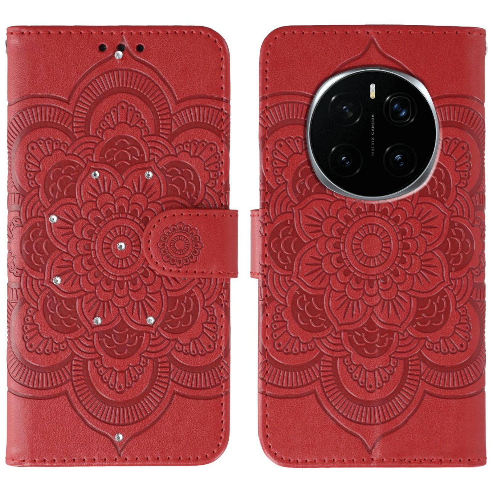 

For Honor Magic7 Pro 5G Case Rhinestone Decor PU Leather Mandala Imprinted Design Phone Cover with Wrist Strap Red