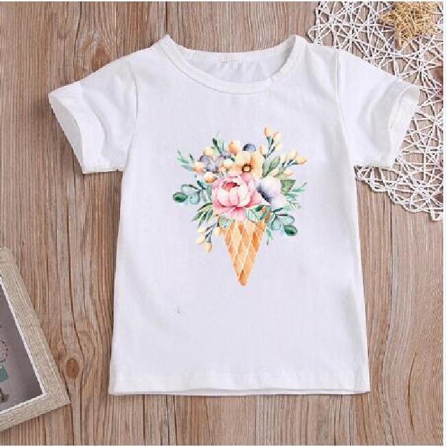 Flower Ice Cream Print New Kids Graphic T Shirts Toddler Girl Clothes White Casual Short Sleeve Tshirt Summer Polyester Fabric