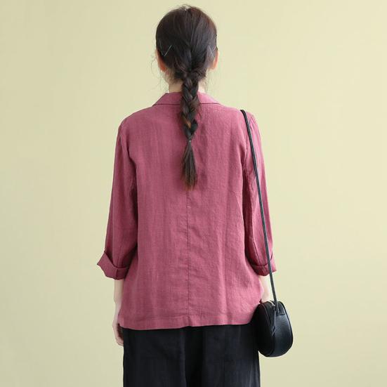 Bomull Linfrakk for Kvinner Vintage Langermet Blazerjakke Casual Revers 2 Knapper Tynn Frakk med Lommer