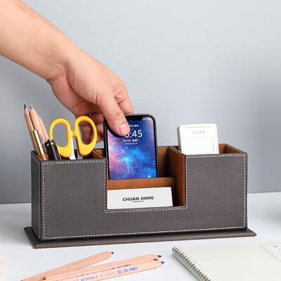 Modern Leather Wood Desktop Organizer Multifunctional Pen and Card Holder Korean Design Stylish Practical for Office Workspace