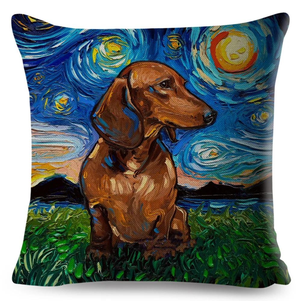 Both Sided Starry Sky Dog Cushion Cover Decor Oil Painting Cartoon Pet Animal Pillow Case for Sofa Home  Linen Pillowcase
