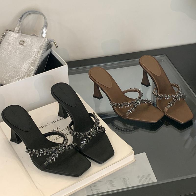 Luxury Square Toe Crystal Rhinestone Heeled Slipper Women Sexy Open Toe Stripper Sandals Brand Designer Non-Slip Women Mule Shoe