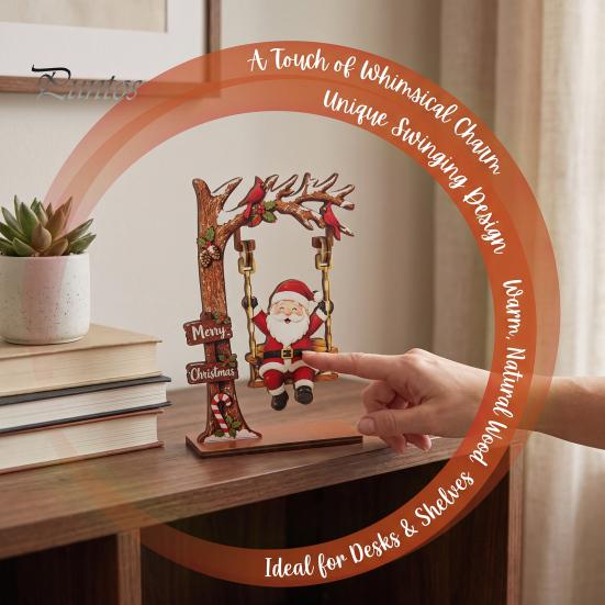 Creative Christmas Desktop Ornaments Wooden Ornaments, Santa Snowman Figurine with Moving Holiday Decorations Swing, Rustic Tabletop Centerpiece