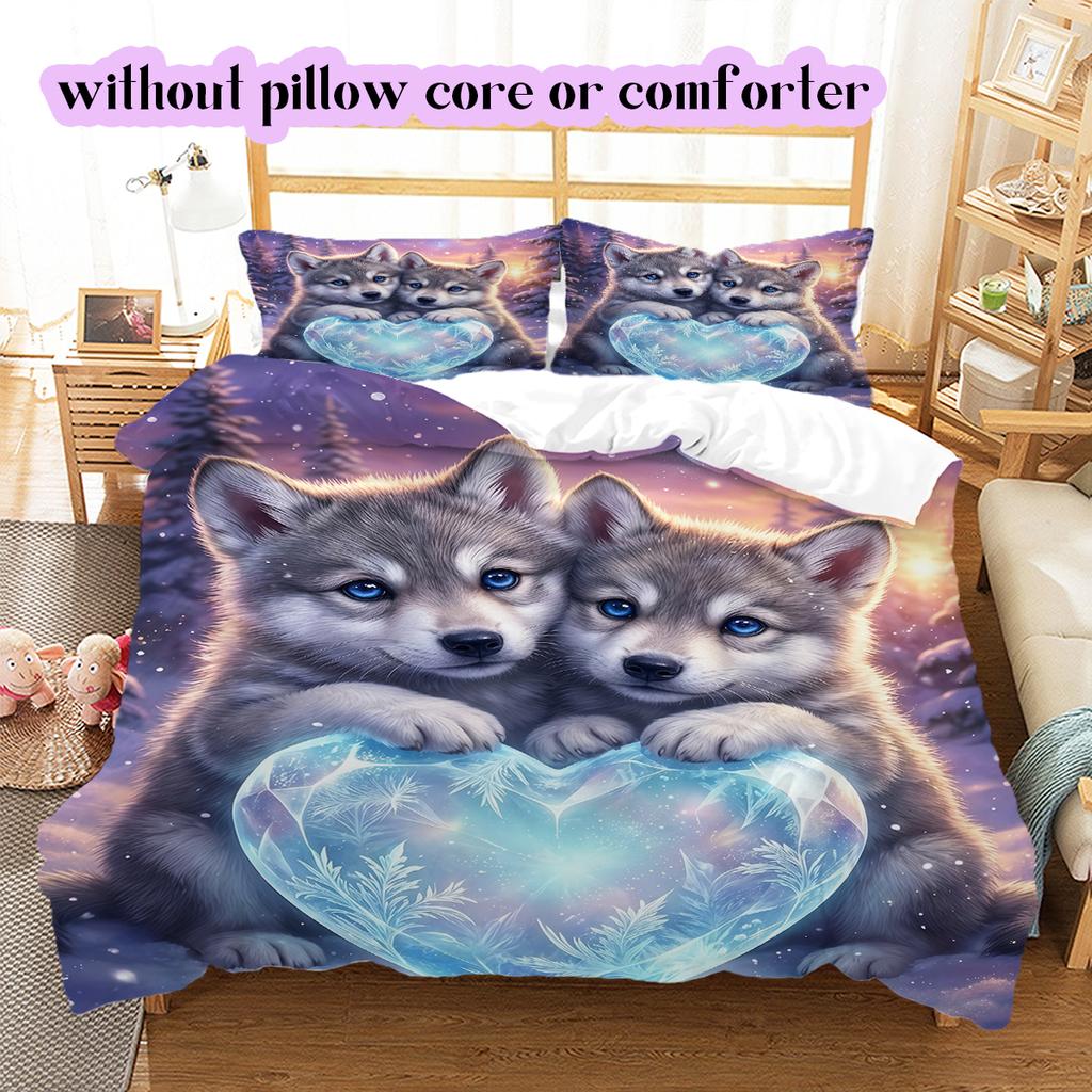 Two animals and lovePattern Bedding Quilt Set Quilt Cover Pillowcase Home Decoration Birthday Gift (1 * duvet cover + 2 * pillowcase, without core)