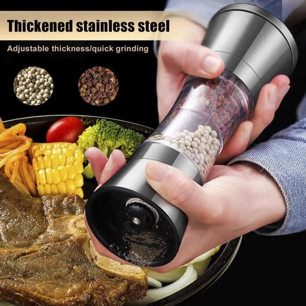 2-in-1 Adjustable Pepper Salt Grinder - Rustproof Stainless Steel Manual Mill with Double Heads & Coarseness Control