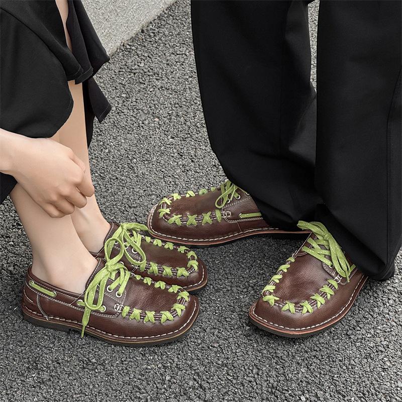 Commuter leather shoes men's and women's niche casual loafers retro woven design square head derby shoes