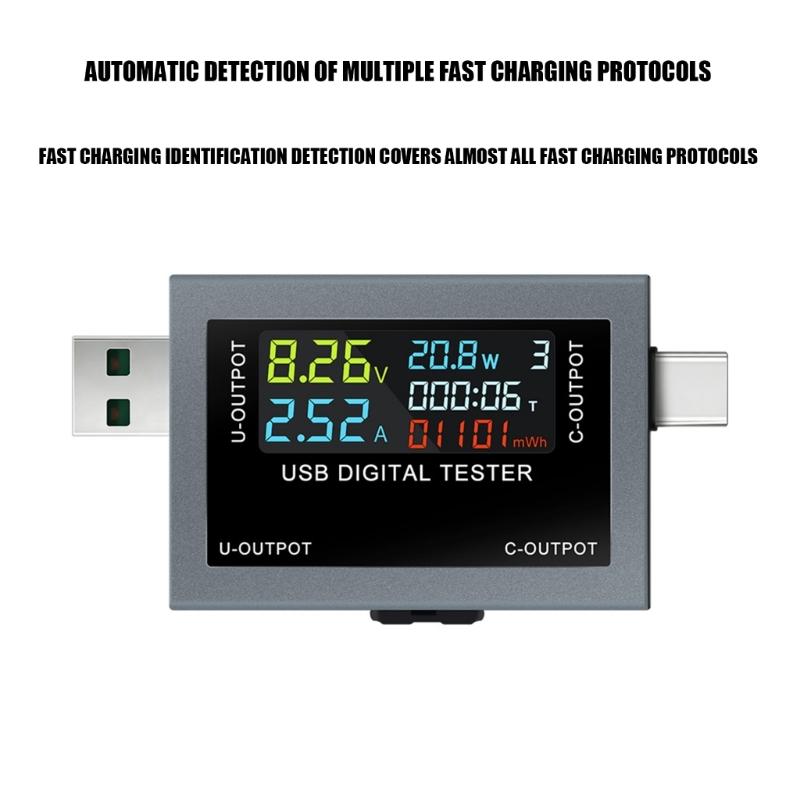 USB Electrical Meter with Automatic Fast Charging Protocol Identification, Color Measurement Screen, and Storage for Up to 9 Data Groups