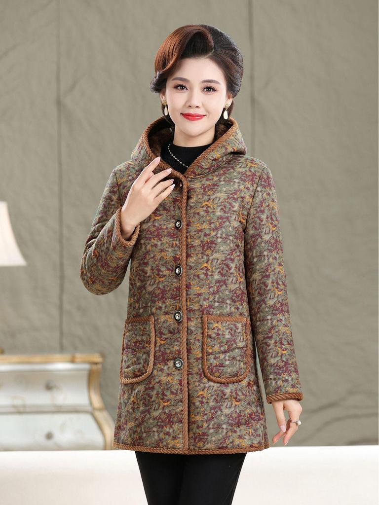 Women's Mid-Length Winter Coat with Thick Velvet Lining for Middle-Aged and Elderly