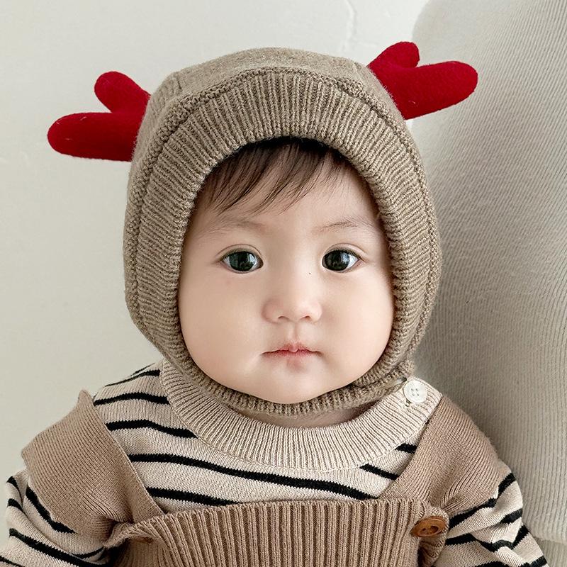 Christmas Antler Kids' Windproof Knitted Wool Hat with Ear Protection