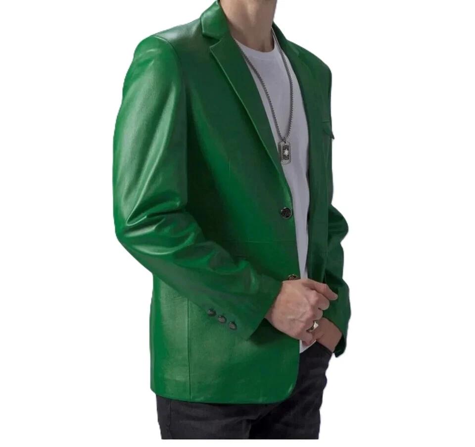 Lambskin Formal Stylish Men Blazer Green Two Button Handmade Genuine Leather