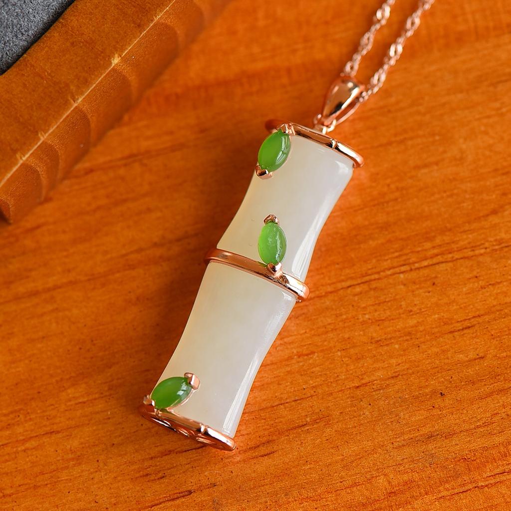Hotan Jade S925 Silver Inlaid Bamboo Newspaper Peace Pendant for Women