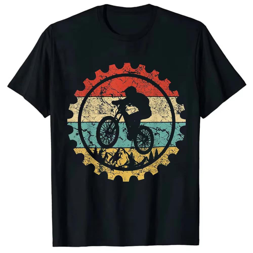 Retro Sunset Mountain Bike Print Tshirt Unisex Cycling Short Sleeve Trendy Pure Cotton Loose Casual Streetwear Top