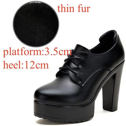 12cm 14cm Small Size 32-43 Vintage Thick Bottom Chunky Platform Pumps Women Oxfords Winter 2025 Super Block High Heels Shoes Fur 43