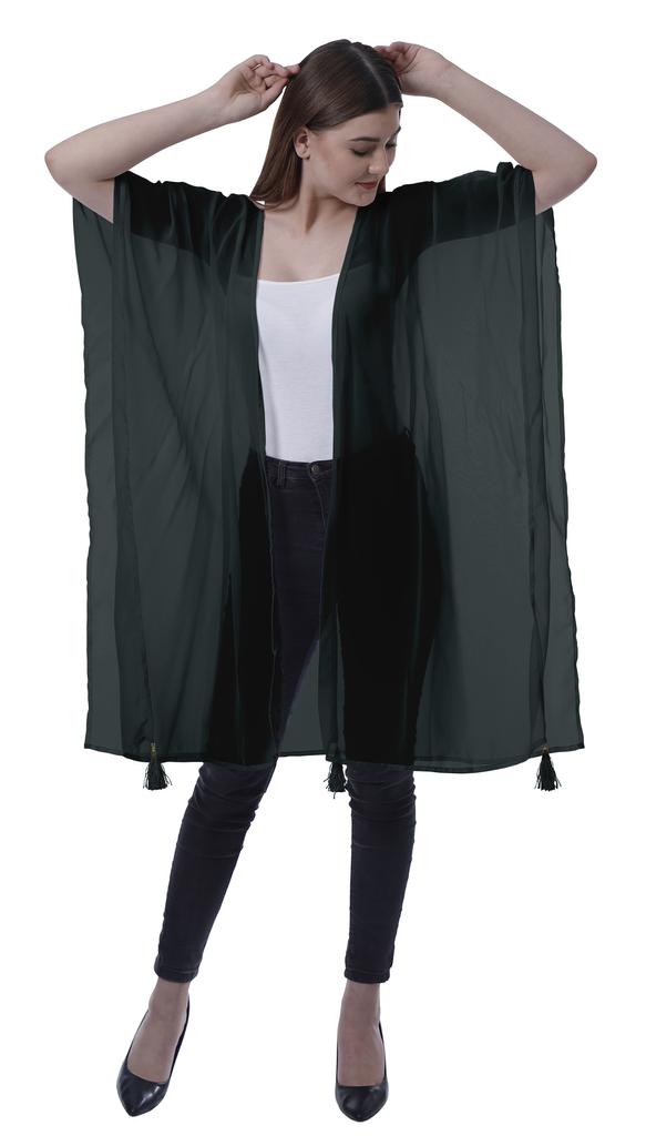 Moomaya Womens Georgette Shrug Open Front Long Sheer Coverup w  Tassels