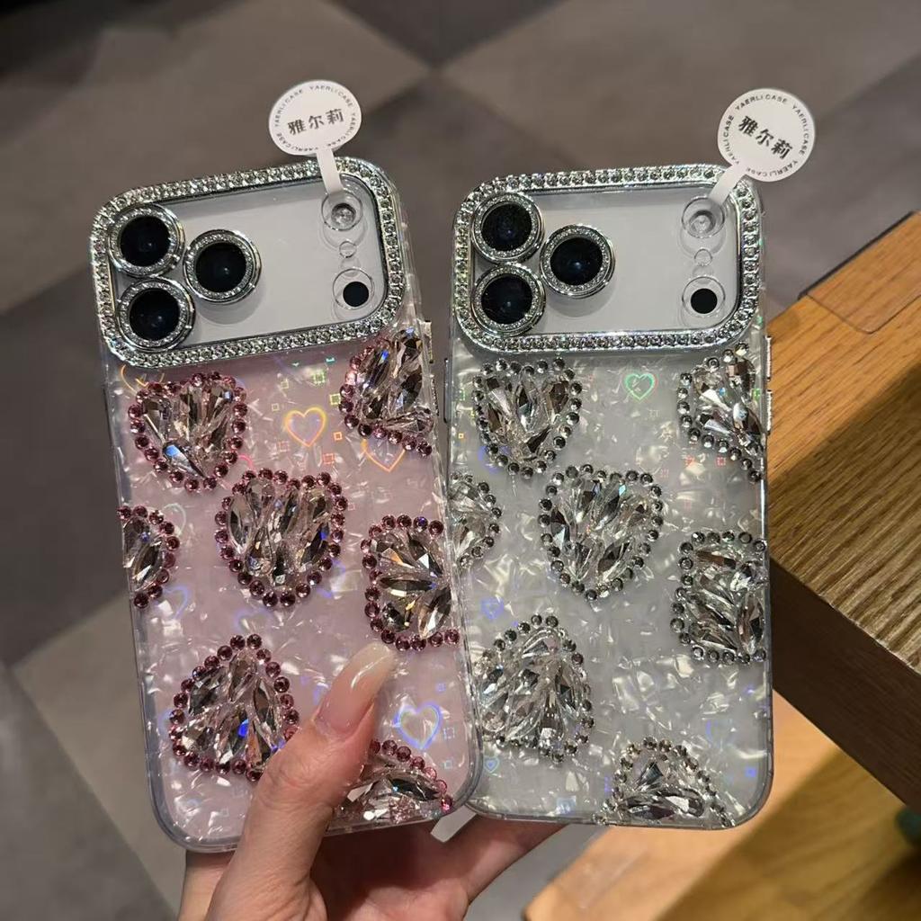 Luxury love shell pattern is suitable for iPhone17promax mobile phone case Apple 16 love rhinestone 12 fine hole women