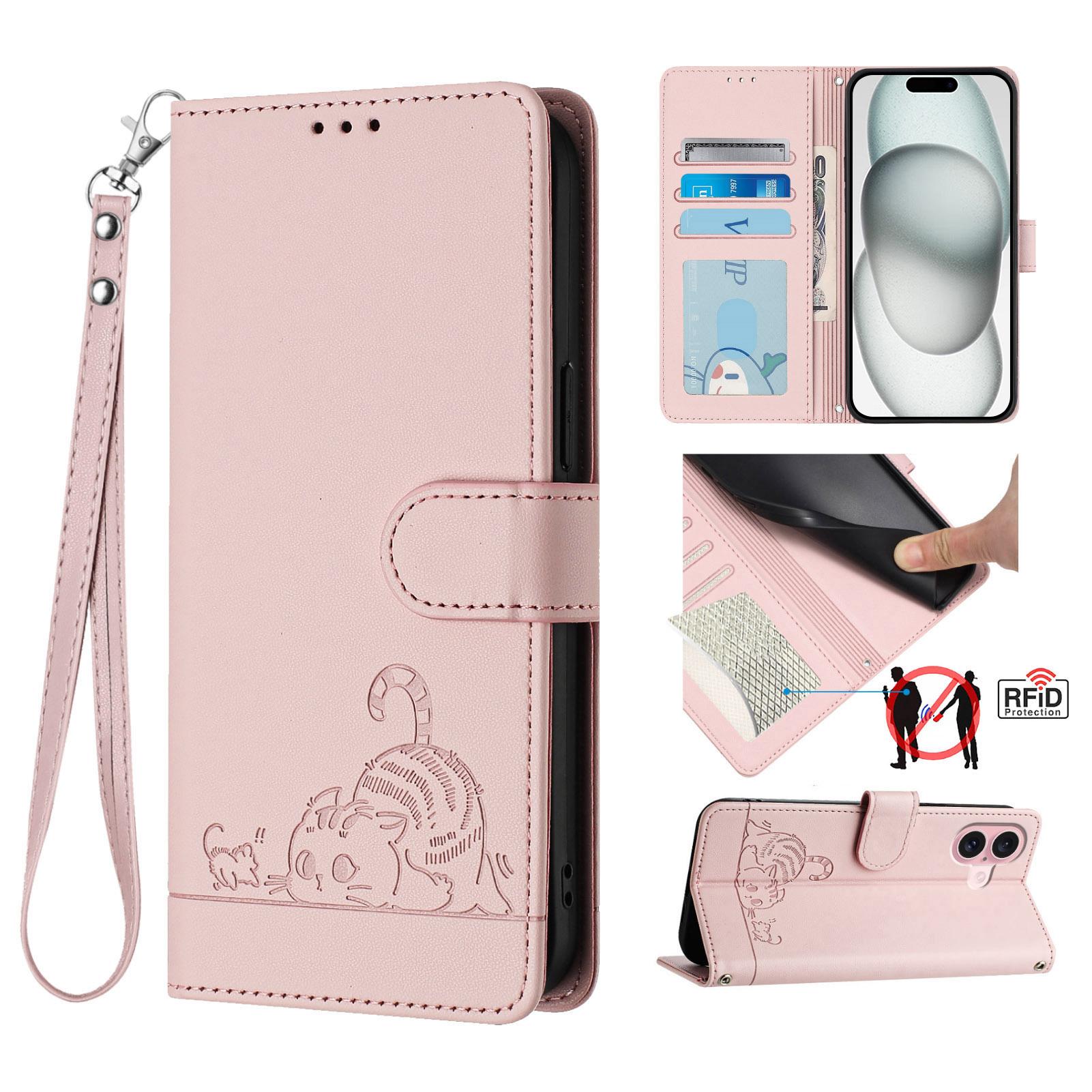 

For iPhone 16 Case with Strap RFID Blocking Leather Wallet Phone Cover Cat Mouse Pattern B