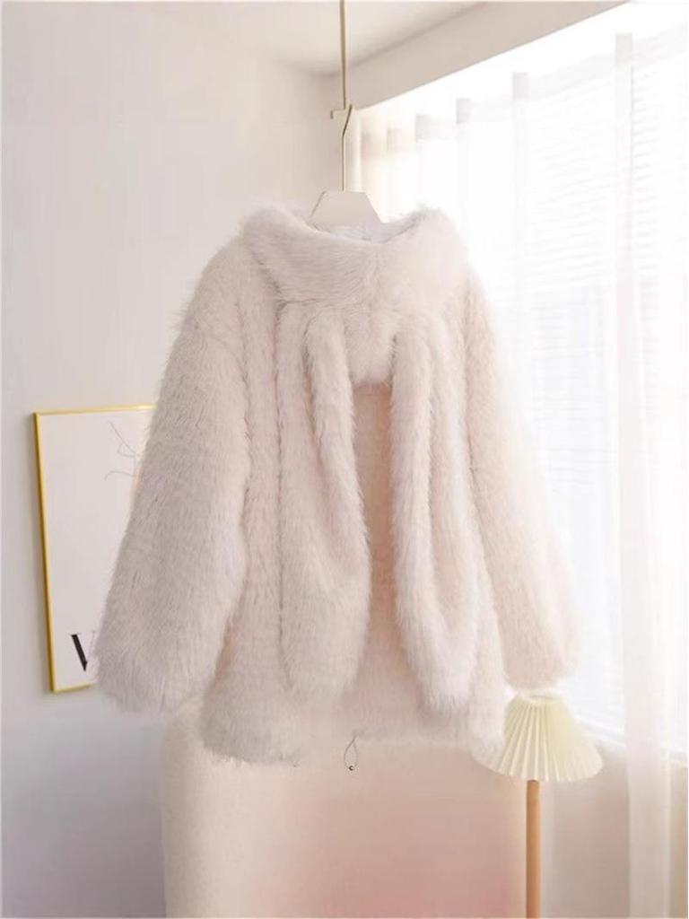 Women's Faux Lamb Wool Fur Coat with Rabbit Ears - Eco-Friendly, Cute, Loose, Thickened, Autumn/Winter 2025 Collection