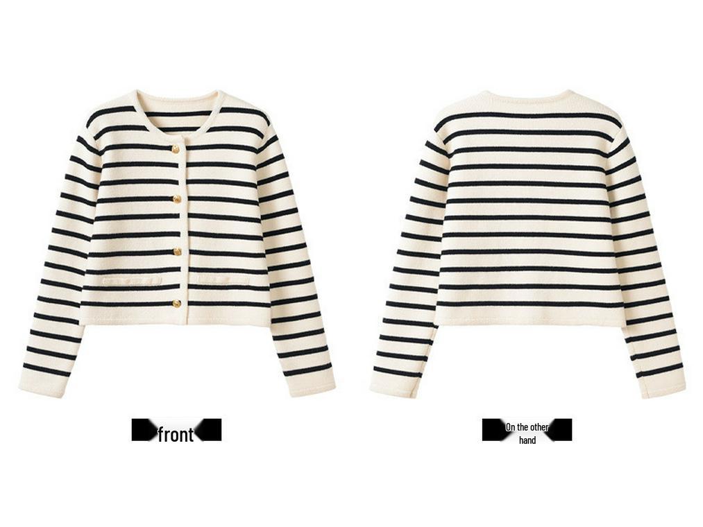 Women's Autumn Striped Knit Cardigan - French Style, Color Block, Loose Fit, Round Neck, Short Length, Long Sleeve Sweater Coat.