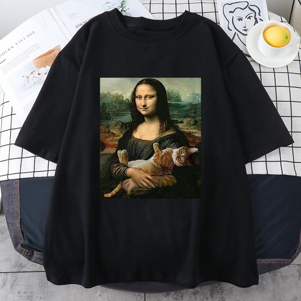 Funny Mona Lisa And Cat Printed T-Shirt For Men Summer Cotton T Shirt Loose Breathable Clothing Street Fashion Casual Short Tees