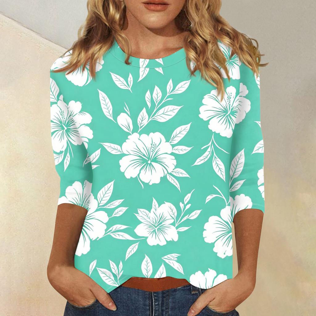 Damen Freizeit Oberteil mit Blumendruck, Dreiviertelärmel, Rundhalsausschnitt, Leicht, Bequeme Passform, Stilvolles Design, Geeignet für den Alltag