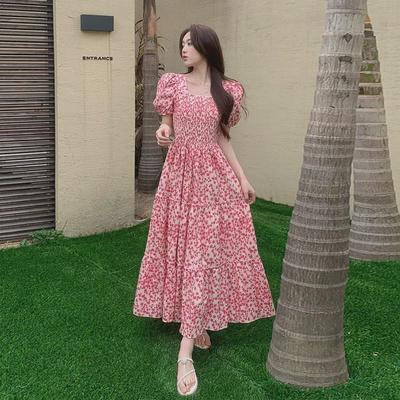 2024 Kore Çiçekli Yaz Elbisesi: Büyük Kare Yaka, Kısa Kollu, İnce Bel, Uzun Uzunluk