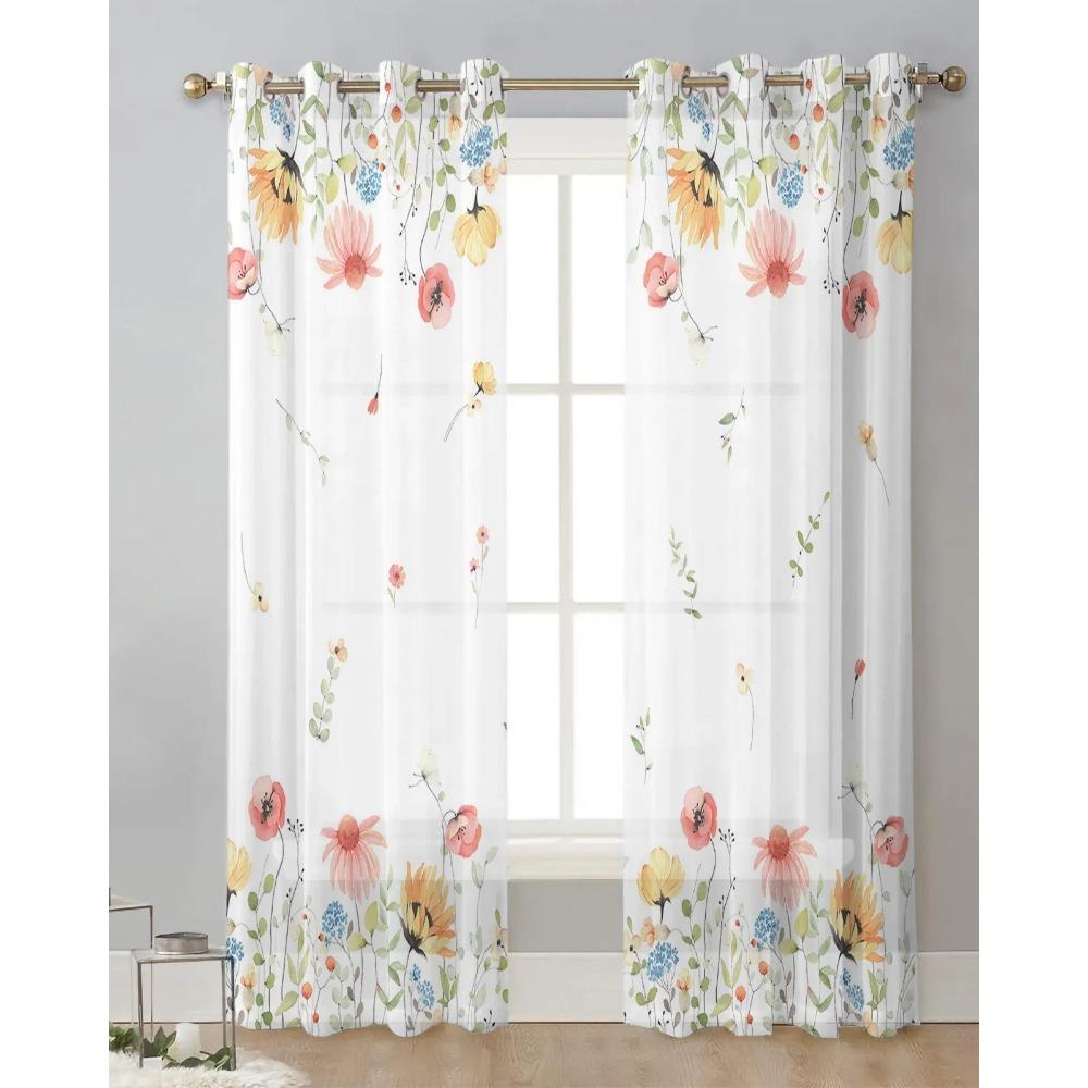 Spring Season Watercolor Flower Leaves Sheer Drapes for Living Room Decoration Window Curtain Kitchen Curtain Panels