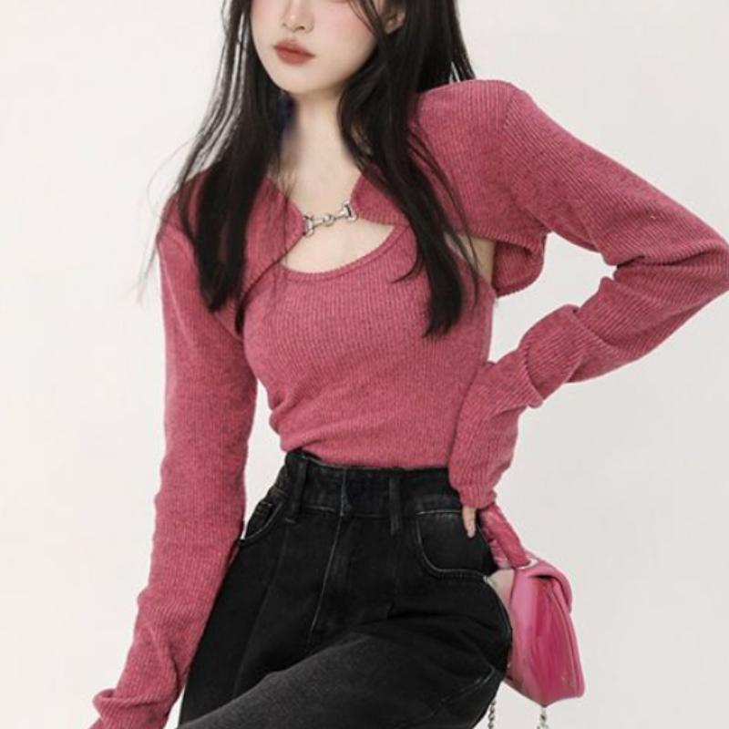 Y2K korejská móda Růžový zkrácený svetr Ženy Harajuku Sexy štíhlý pletený svetr Vintage Ležérní Cardigan+Vesta Set Topy