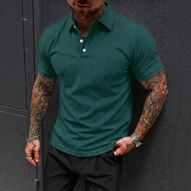 Men's Vertical Striped Textured Polo Shirt Short Sleeve Slim Fit Casual Top