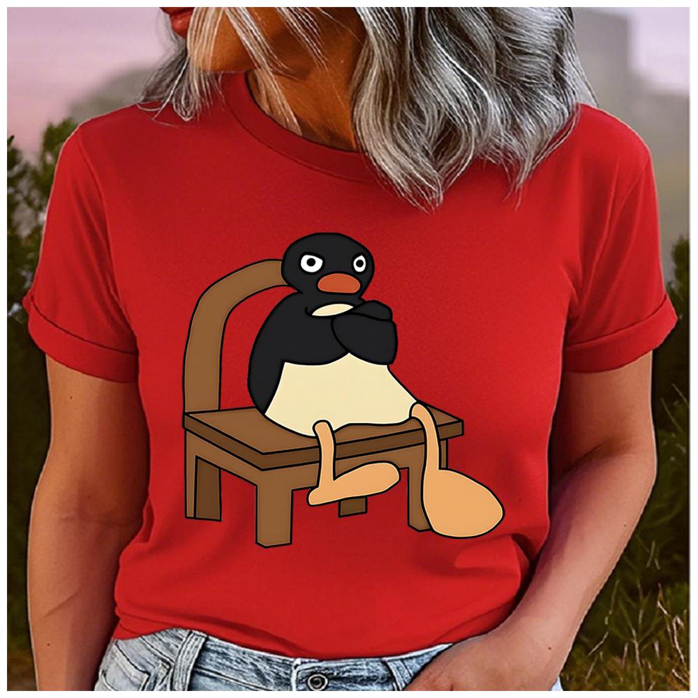 Unisex 100% Polyester Classic Cartoons Pingu Print Loose Round Neck Short Sleeve Fashion Summer Top for Astrology Lovers