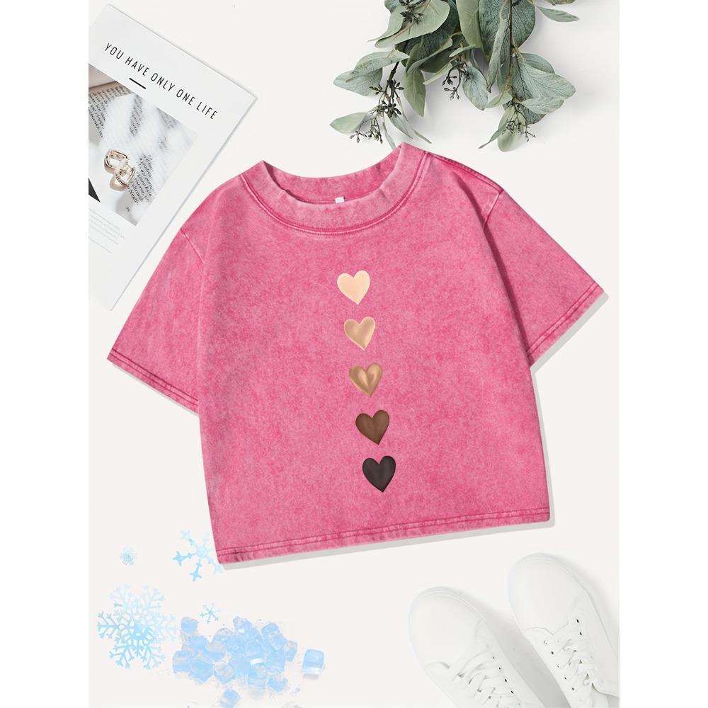 Cotton Crop Tops Women Love Heart Graffiti Prints Washed T-Shirts Regular Fit O-Neck Streetwear Street Womans Clothes