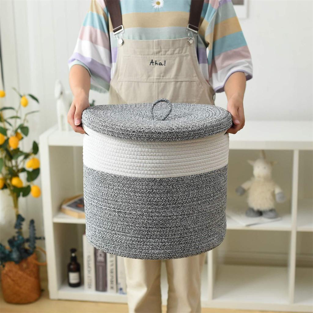 Cotton Rope Storage Basket with Lid Large Capacity Collapsible Laundry Storage Bag Organizer for Living Room Bedroom Kids Toys