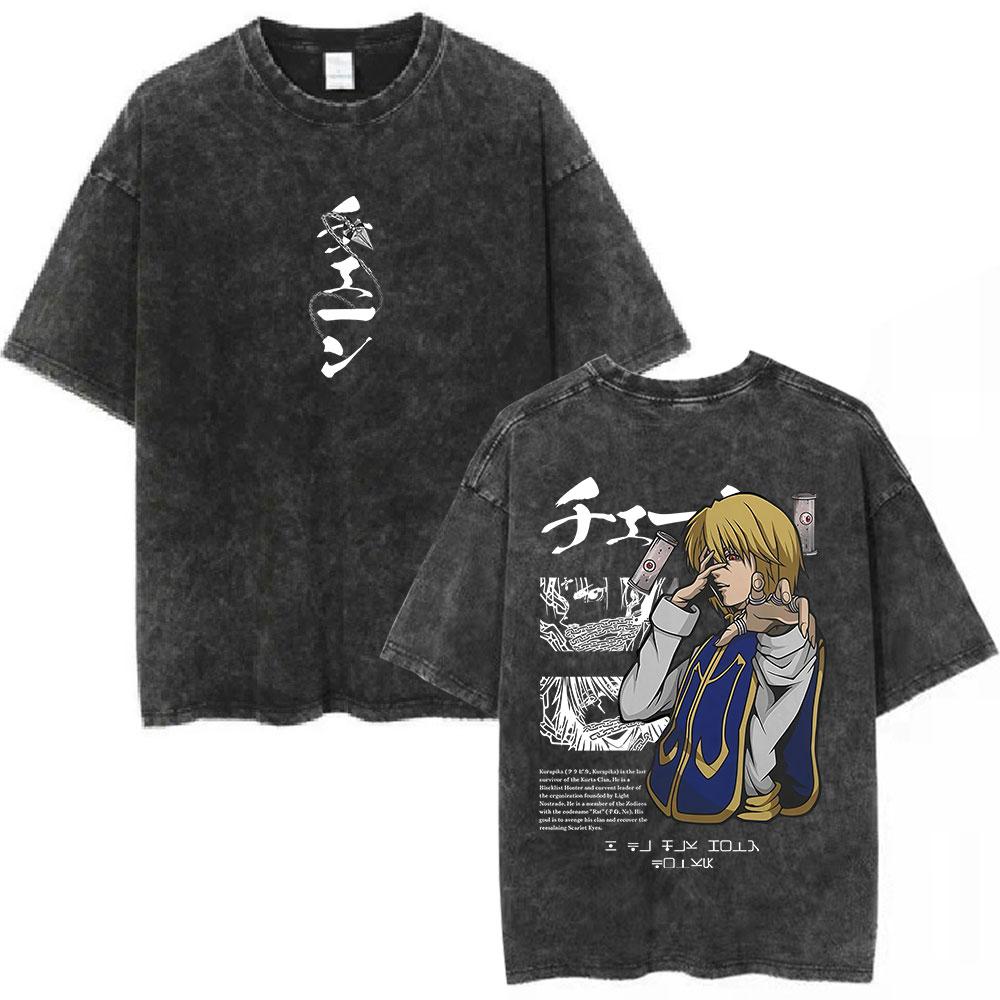Vintage Washed Anime Hunter X Hunter Shizuku Kurapika Tshirts Mens Women Clothing Fashion Cotton Oversized T Shirts Streetwear